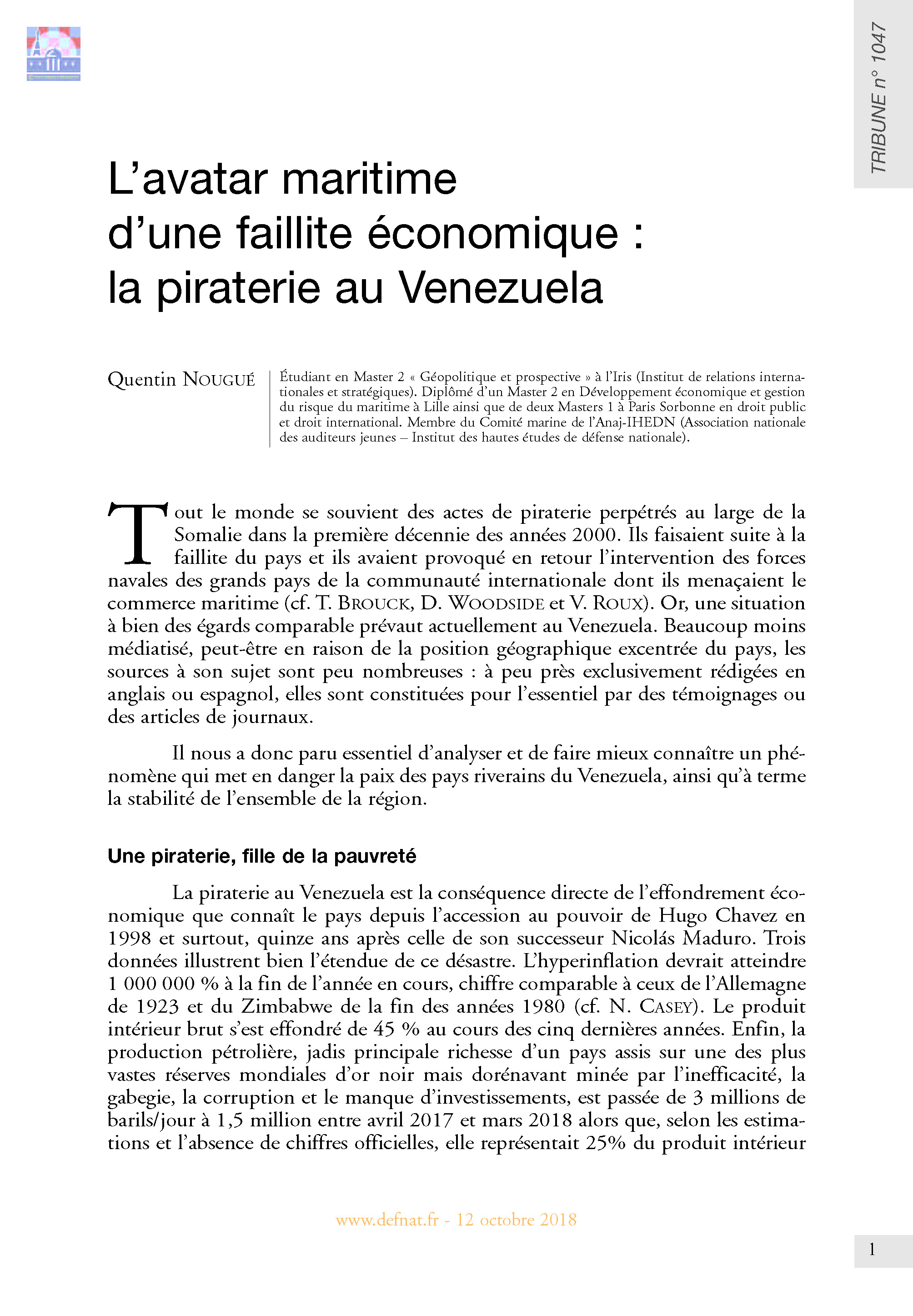 L’avatar maritime d’une faillite économique : la piraterie au Venezuela (T 1047)
